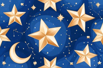 Obraz premium Golden stars and crescent moon on deep blue celestial background with constellation lines