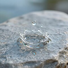 Obraz premium Macro photography of single water droplet splashing on smooth stone surface with crystal clear water creating delicate splash pattern and rainbow refraction