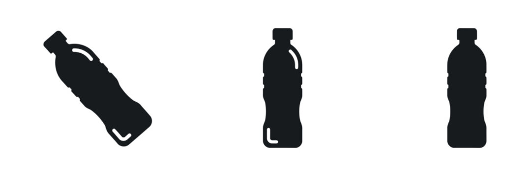 Three plastic beverage bottles are shown as black silhouettes on a plain surface