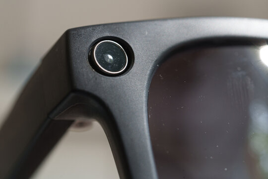 Close up of the camera integrated into the smart glasses frame