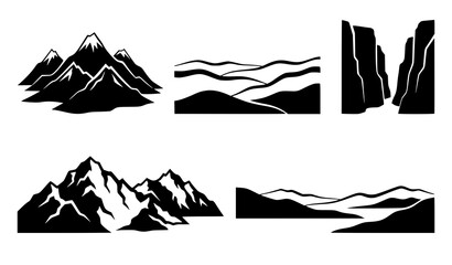 Fototapeta premium Layered Mountain Landscape Black Silhouette Vector Set with Rugged Peaks Hills and Wilderness Scenery
