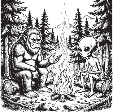 Bigfoot and alien sitting together by a campfire in a pine forest black white illustration