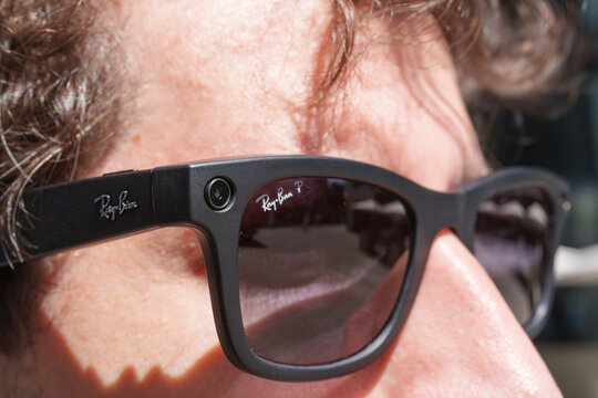 Dusseldorf, Germany - July 10 2026: Person wearing Ray-Ban Meta smart glasses showcasing integrated camera technology