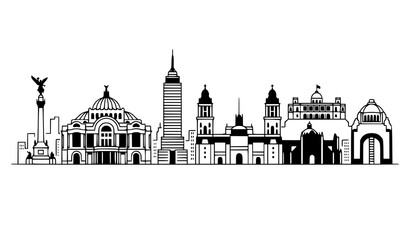 Obraz premium Mexico City Landmark Skyline Black and White Minimalist Vector Illustration