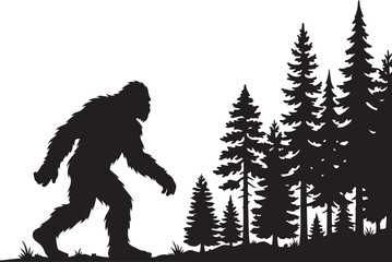 Fototapeta premium Bigfoot silhouette walking through a dark pine forest rendered in a high contrast black vector style