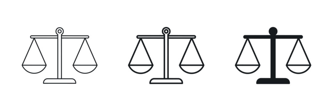 Scales of justice illustration depicts balance and legal proceedings in black lines