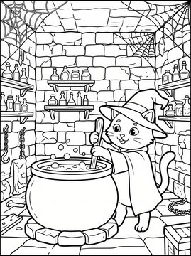 Coloring page, wide shot cat witch brewing potion in a stone dungeon.
