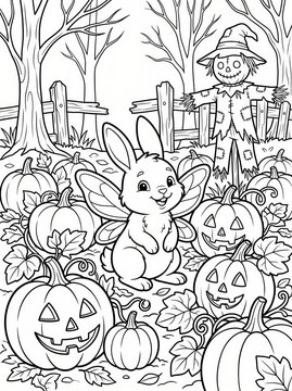 Coloring page, bunny fairy sitting in a spooky pumpkin patch.