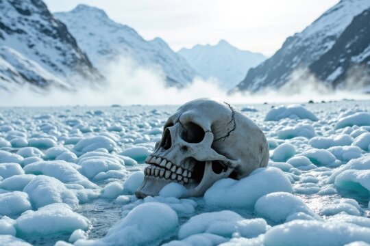 Death Skull Frozen in an Icy Glacier Valley Beneath Snowy Mountains