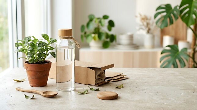 Sustainable lifestyle still life with glass water bottle, potted plant, and eco-friendly packaging on a stone table indoors