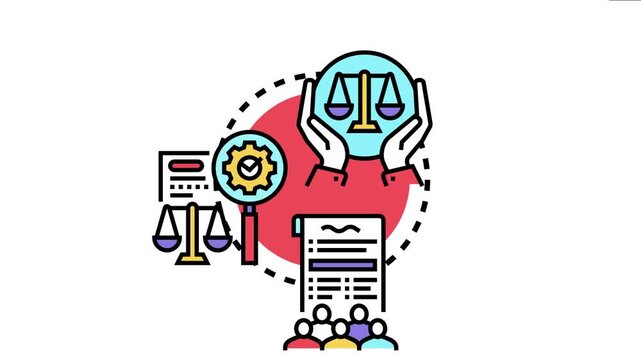 Legal framework unification concept integrating justice, procedural optimization, and public consensus, involving hands holding scales, magnifying a gear, documents, and a group of diverse people