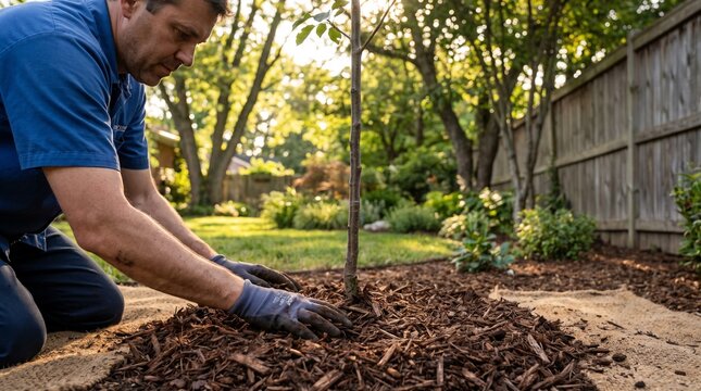 Man mulching around young tree in residential garden, outdoor gardening and landscaping
