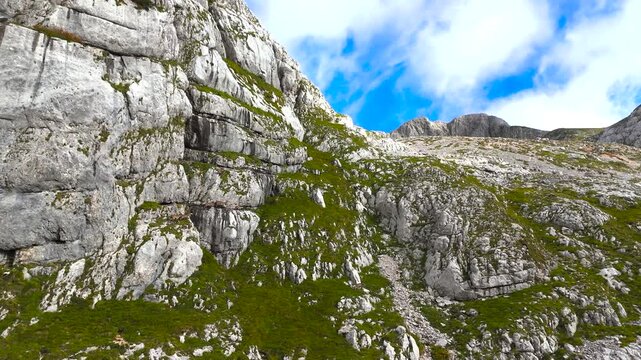 chamois herd (Rupicapra rupicapra) on the rugged slopes of Bov&scaron;ki Gamsovec in the Julian Alps, Slovenia, with limestone rock and alpine scenery, aerial dolly forward view