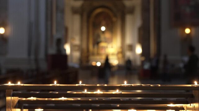 Small votive candles flicker on a metal stand inside a grand Roman church with the altar softly out of focus behind.