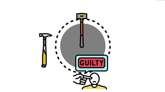 Legal justice system featuring a judge gavel, a person pointing, and a guilty speech bubble, symbolizing legal proceedings, accusations, sentences, and judicial decisions