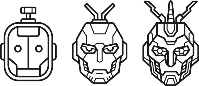 Set of three different robot head designs in a clean black and white line art style
