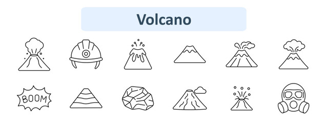 Volcano set icon. Erupting peak, safety helmet, lava splash, quiet peak, smoking, ash cloud, boom burst, layered, volcanic rock, cloudy, lava burst, gas mask. © Anastasia