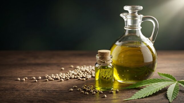 Realistic Hemp Oil Glass Bottle With Cannabis Leaf And Organic Seed Food Category