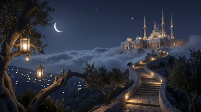 Realistic Illuminated Mosque Building With Stone Pathway Above The Clouds Architecture