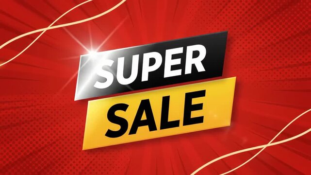 Animated banner with the inscription "Super Sale" on a bright red background with smoothly moving golden lines. 