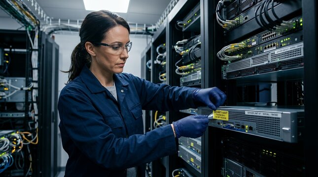 A female IT technician wearing blue coveralls and protective gloves installs server hardware in a server room rack with illuminated indicators and cable connections.