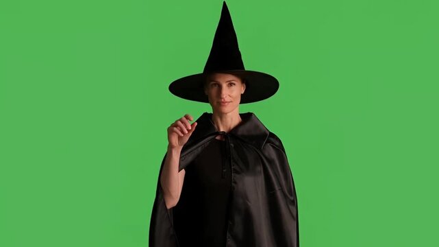 Witch woman in black costume and hat standing against green screen for Halloween spooky magic video concept