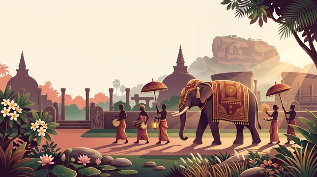 Illustrated Sri Lanka Cultural Procession with Decorated Elephant and Traditional Performers Landmark Travel