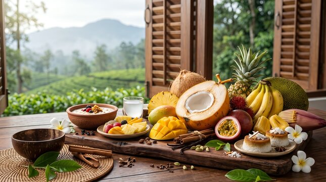 Rustic Tropical Fruit Breakfast Spread With Fresh Exotic Produce Food