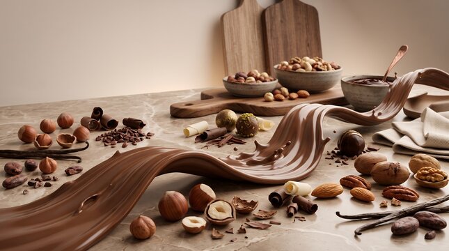 Realistic Liquid Chocolate Splash With Assorted Nuts And Sweets Food Concept