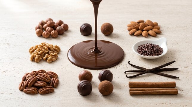 Minimalist Pouring Melted Liquid Chocolate With Assorted Nuts And Spices Food Photography