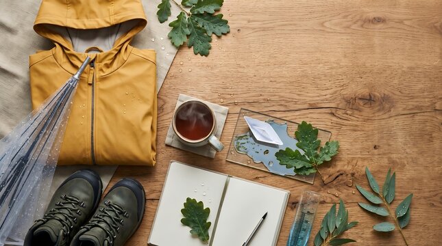 Flat Lay Outdoor Adventure Gear with Raincoat and Notebook on Wooden Background Lifestyle