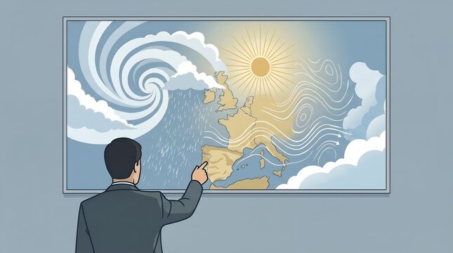 Illustrated Meteorologist Presenting Europe Weather Map Forecast with Sun and Rain Symbols