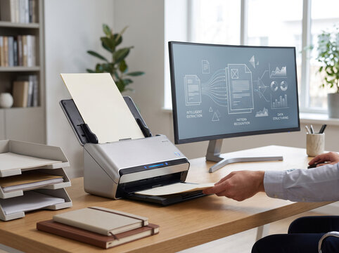 A person uses a modern document scanner on a wooden desk with a computer monitor displaying data extraction software for efficient office workflows