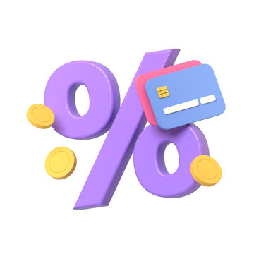 A 3D render of a purple percentage sign accompanied by credit cards and gold coins symbolizing financial savings discount offers and commerce transactions accurately.3d render