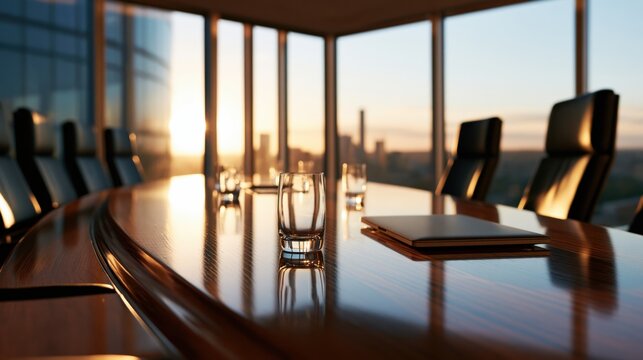 Modern Corporate Boardroom with Wooden Conference Table and Sunset City View