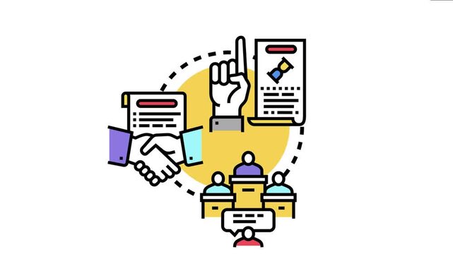 Legal representative concept showing a hand pointing up. Documents with a hourglass icon. A handshake. And individuals discussing in a meeting. Symbolizing professional advice. Agreements. And justice