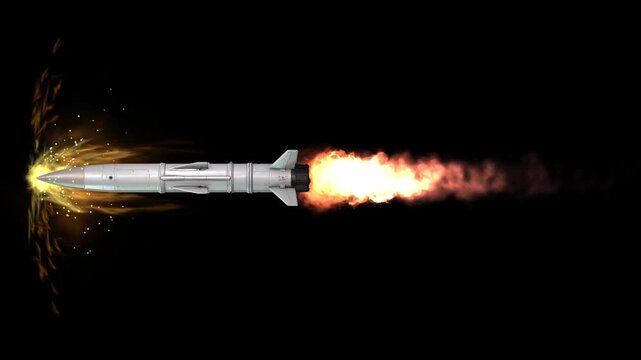 Detailed 3D ballistic missile design 03 launching, with powerful rocket flames, fiery exhaust, sparks, and energy effects on a black background. Aerospace technology, military warfare visuals.