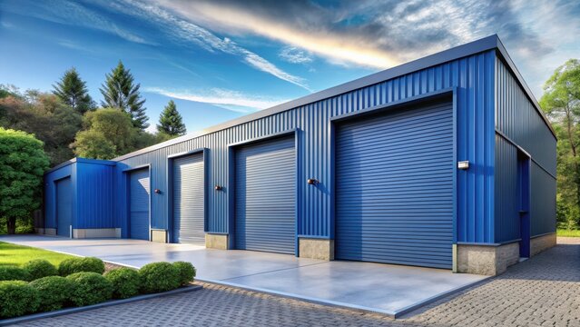 A blue metal building with multiple garage doors sits on a paved lot