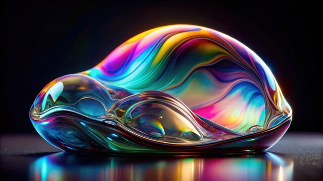 Bold holographic liquid blob shape isolated iridescent wavy melted substance on black background