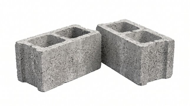 Two grey concrete cinder blocks angled on a white background for industrial and building use