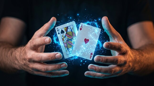 A magician performing a card trick with glowing magic energy between his cupped hands