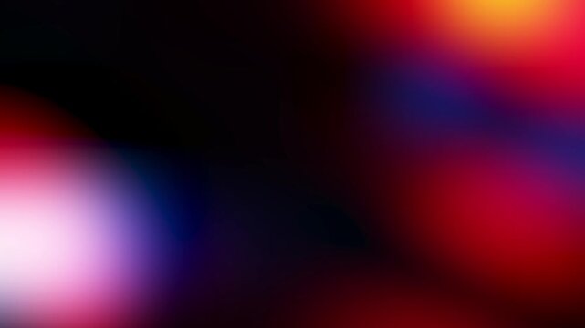 Multicolored real organic light leaks burst overlays film grain creates vibrant neon glows. Soft blue and red texture pulses on black background.