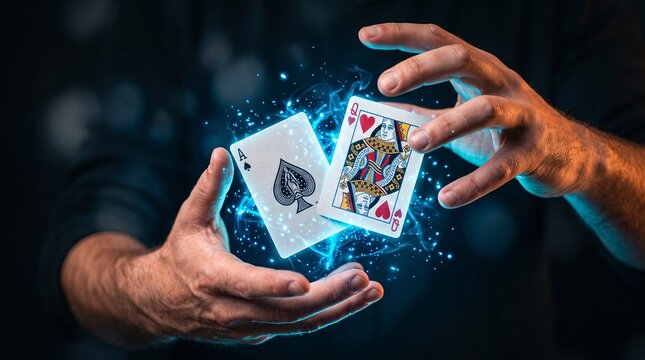 A magician performing a card trick with glowing magic energy between his cupped hands