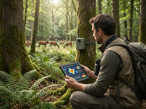 A wildlife researcher uses a digital tablet to check data from a forest camera trap while deer roam in the background
