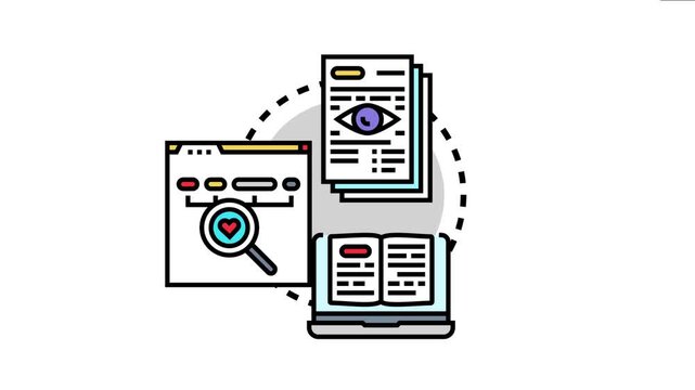 Legibility and readability concept . Displaying a document with an eye icon. A web page with a magnifying glass. And a laptop with an open book