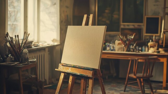 Empty Canvas on Wooden Easel in Artistic Painter Studio