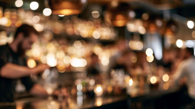 Blurred bar scene with warm bokeh lights creating an inviting atmosphere and feeling of celebration