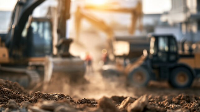 Heavy construction machinery working at building site, excavating and moving earth with dust and workers in background