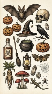 Vintage Halloween and Occult Illustration Set with Bat, Skull, Pumpkins, Witch Hat, Cauldron, and Mandrake Root