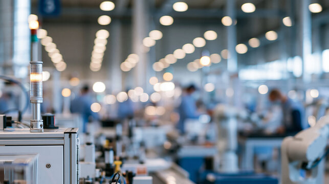 Industrial warning light blinking in a modern smart factory, signifying automated processes and technological innovation